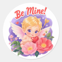 Adesivo Redondo Cute Valentine's Day Cupid with "Be Mine"