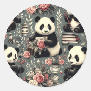Adesivo Redondo Cute Vintage Panda Floral