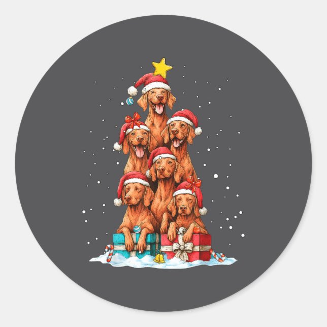 Adesivo Redondo Cute Vizsla Viszla Dog Christmas Tree Xmas Hat  (Frente)