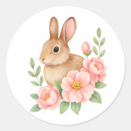 Adesivo Redondo Cute Watecolor Bunny and Pink Flowers Birthday 