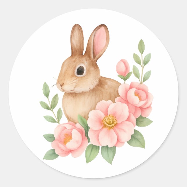 Adesivo Redondo Cute Watecolor Bunny and Pink Flowers Birthday  (Frente)