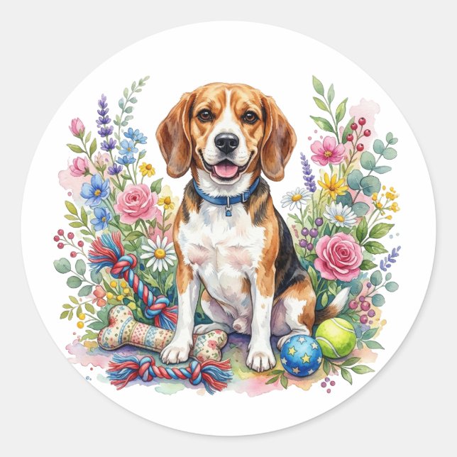 Adesivo Redondo Cute Watercolor Beagle in Flowers (Frente)