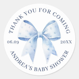 Adesivo Redondo Cute Watercolor Blue Bow Baby Shower Thank You