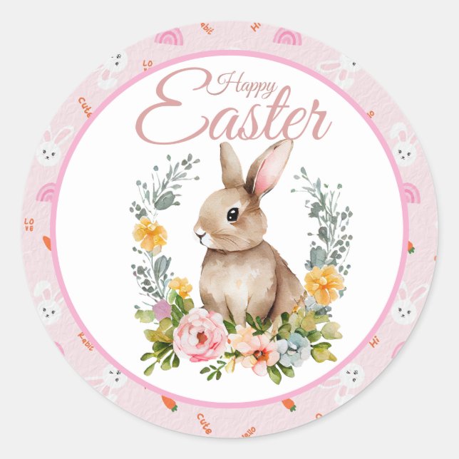 Adesivo Redondo Cute Watercolor Bunny Floral Wreath Easter (Frente)