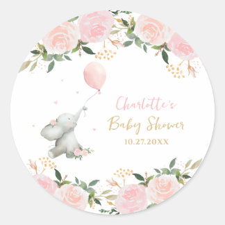 Adesivo Redondo Cute Watercolor Elephant Floral Girl Baby Shower