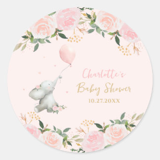 Adesivo Redondo Cute Watercolor Elephant Floral Girl Baby Shower