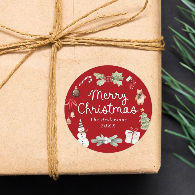 Adesivo Redondo Cute Watercolor Illustrations Red Merry Christmas (Criador carregado)