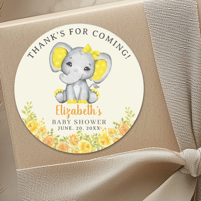 Adesivo Redondo  Cute Watercolor Yellow Elephant Baby Shower (Criador carregado)