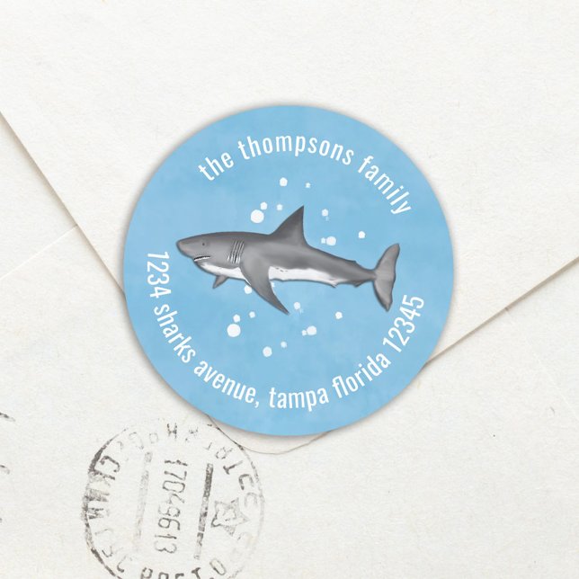 Adesivo Redondo Cute Whimsical Blue Ocean Shark Endereço de devolu (Criador carregado)
