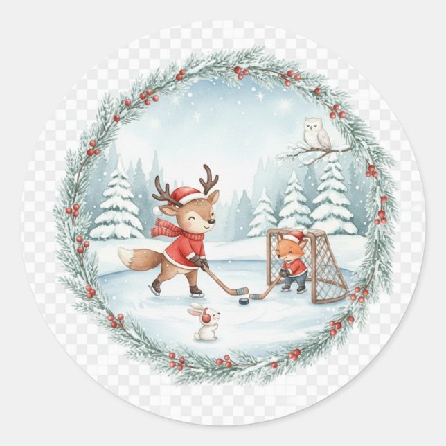 Adesivo Redondo Cute Winter Animal Skating & Hockey Design  (Frente)