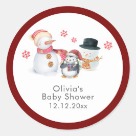 Adesivo Redondo Cute Winter Penguin Snowman Baby Shower