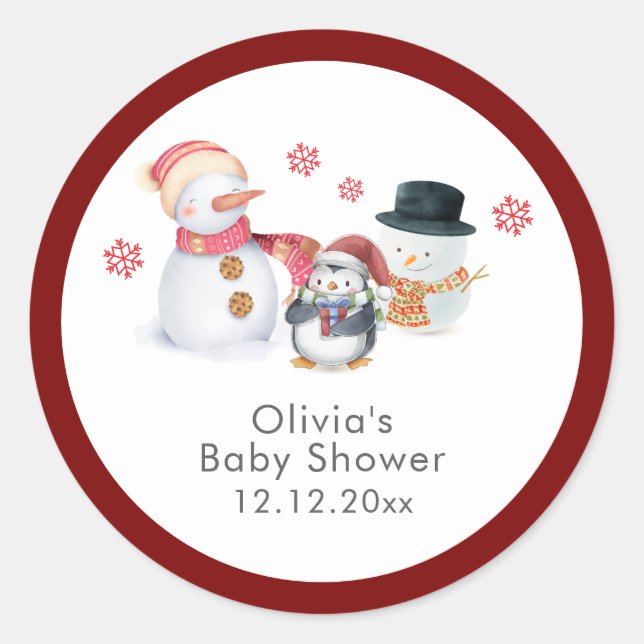 Adesivo Redondo Cute Winter Penguin Snowman Baby Shower  (Frente)