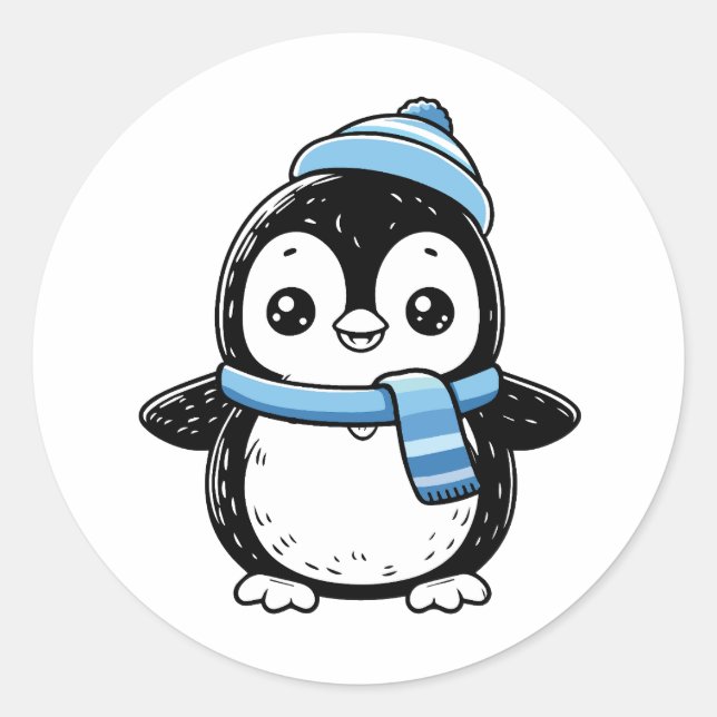 Adesivo Redondo Cute Winter Penguin Sticker | Penguin with Hat  (Frente)