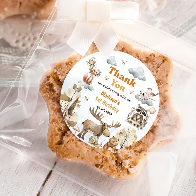 Adesivo Redondo Cute Woodland Animals 1st Birthday Party  Classic (Criador carregado)