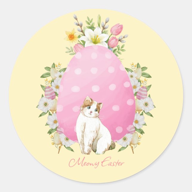 Adesivo Redondo Cute Yellow Floral Easter Cat (Frente)