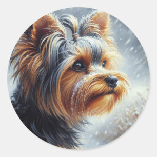 Adesivo Redondo Cute Yorkshire Terrier Winter Landscape
