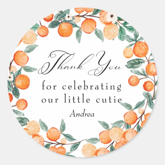 Adesivo Redondo Cutie | Chá de fraldas Laranja Obrigado (Frente)