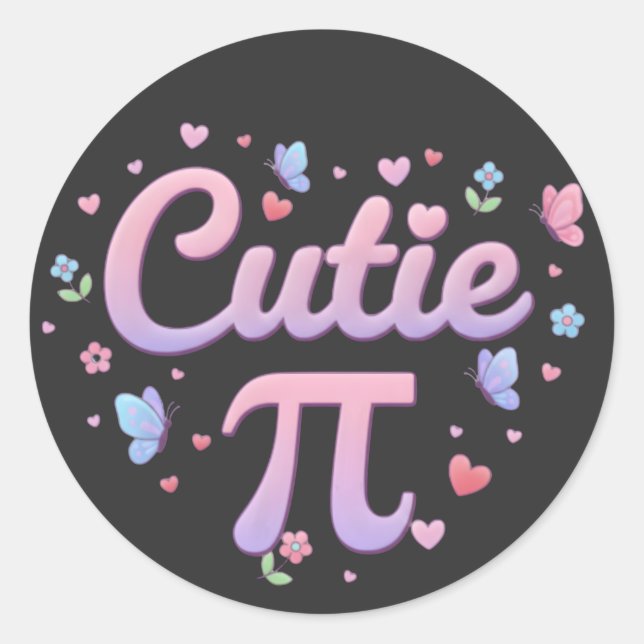 Adesivo Redondo Cutie Pi Symbol Math Pun Pink Butterfly Hearts (Frente)