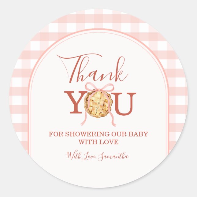 Adesivo Redondo CutiePie Pastel Pink Gingham Baby Shower Thank You (Frente)