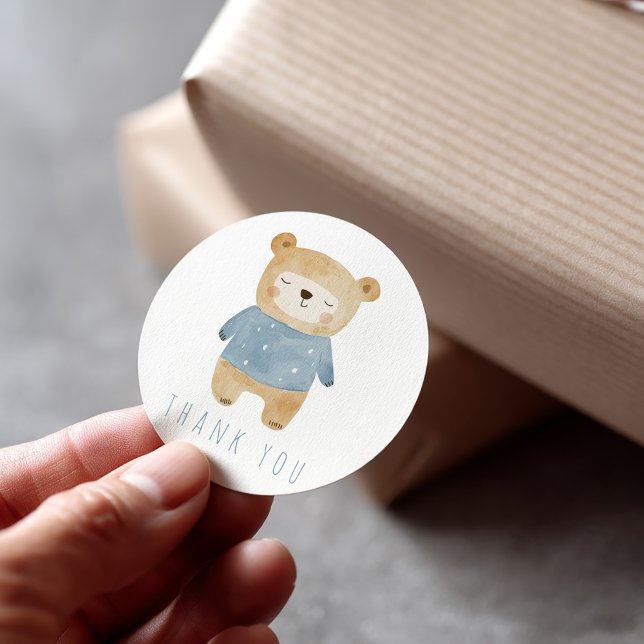 Adesivo Redondo Cuz Azul Dormindo Urso De Teddy Obrigado (Sleepy boy bear blue thank you sticker)