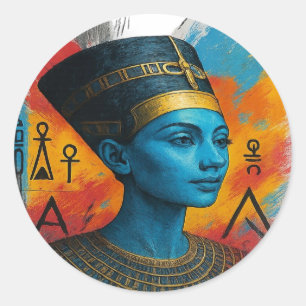 Adesivo Redondo Cyber Nefertiti Sticker - Neon Egiptian Decal