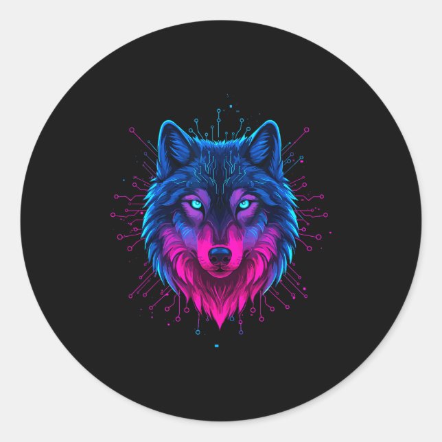 Adesivo Redondo Cyber Wolf For Animal Lovers And Birthday And Birt (Frente)