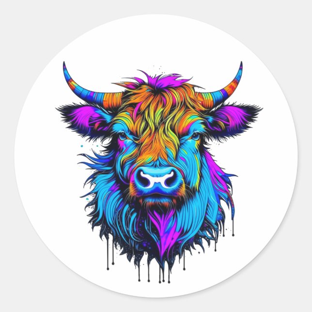 Adesivo Redondo Cyberpunk Colorful Ai Highland Cow (Frente)