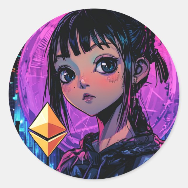 Adesivo Redondo Cyberpunk Eethum Waifu Anime Crypto Sticker (Frente)