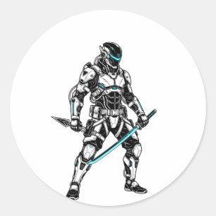 Adesivo Redondo Cyberpunk Mecha Shinobi Futurístico Cyber Ninja Gr