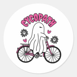 Adesivo Redondo Cycopath Halloween Ghost em Bicicleta Rosa