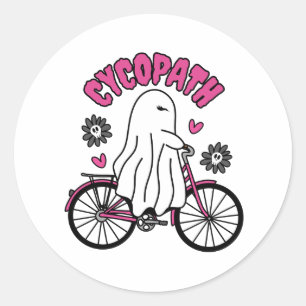 Adesivo Redondo Cycopath Halloween Ghost em Bicicleta Rosa