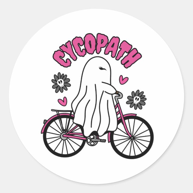 Adesivo Redondo Cycopath Halloween Ghost em Bicicleta Rosa (Frente)