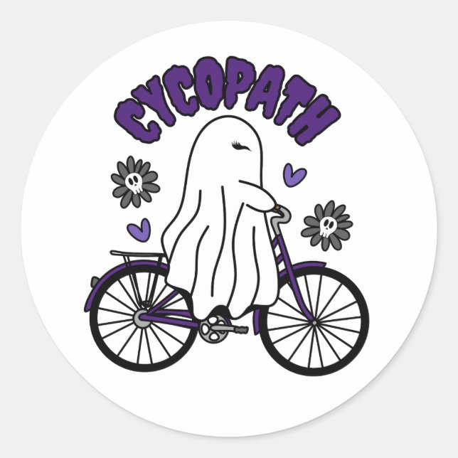 Adesivo Redondo Cycopath Halloween Ghost em Bicicleta Roxa (Frente)