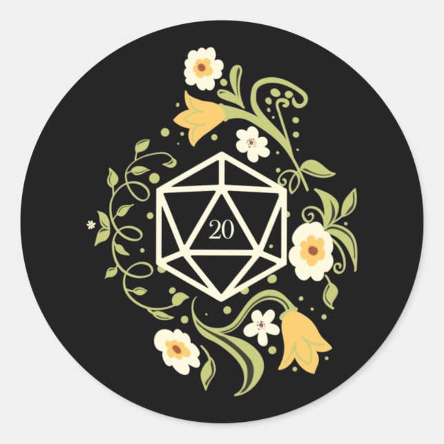 Adesivo Redondo D20 Dice of Druid Flowers Tabletop RPG (Frente)