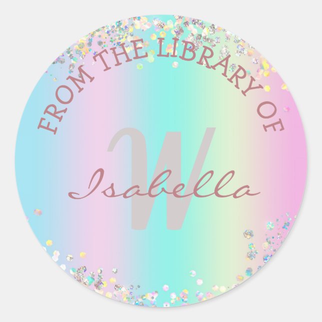 Adesivo Redondo Da Biblioteca de - Glitter Holográfico do Unicórni (Frente)