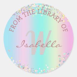 Adesivo Redondo Da Biblioteca de - Glitter Holográfico do Unicórni