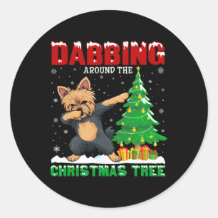 Adesivo Redondo Dabbing ao redor da árvore de Natal Yorkie Dog Xma