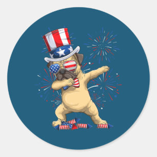 Adesivo Redondo Dabbing Pug Dog Tio Sam Hat American Flag 4º