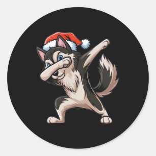 Adesivo Redondo Dabbing Siberian Husky Santa Hat Natal Dab Dan