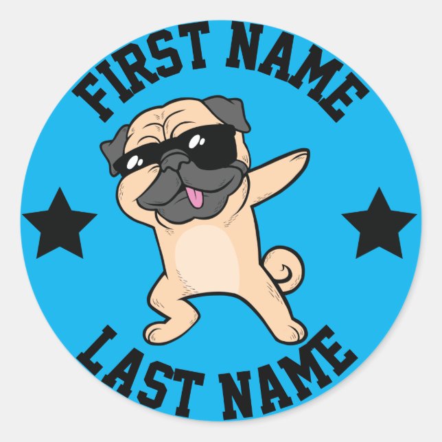 Adesivo Redondo Dabbing Tan Pug First Sobrenome (Frente)