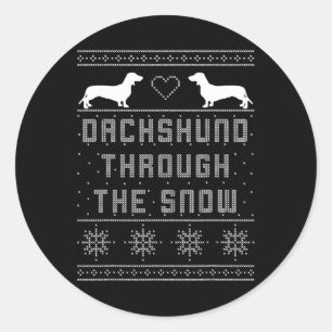 Adesivo Redondo Dachshund Através Do Suéter De Natal Feio Da Neve