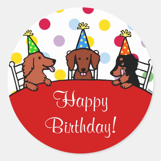 Adesivo Redondo Dachshund Birthday Cartoon (Frente)