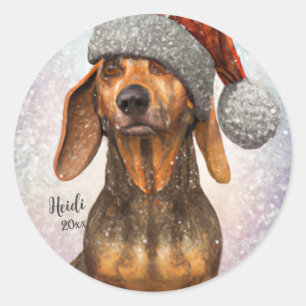 Adesivo Redondo Dachshund, Cachorro Papai noel, Personalizar, Nata