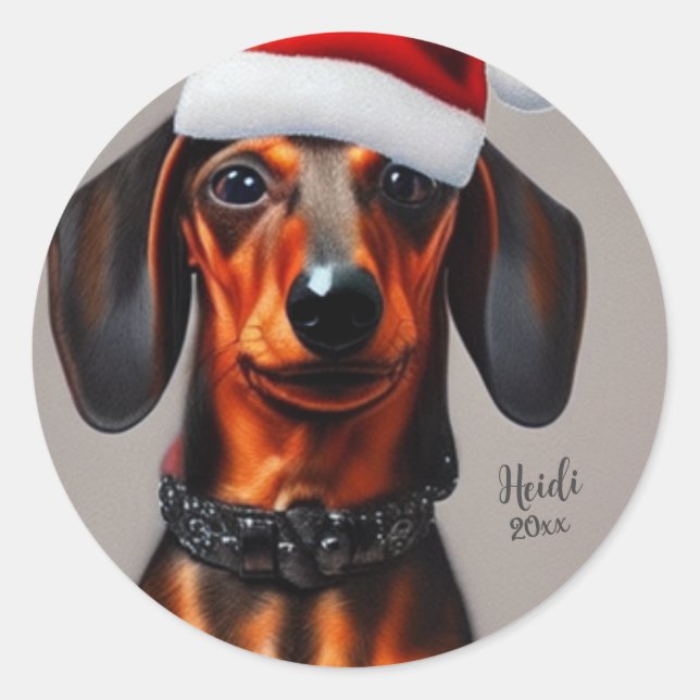 Adesivo Redondo Dachshund, Cachorro Papai noel, Personalizar, Nata (Frente)