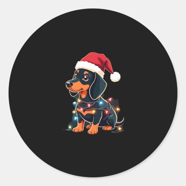 Adesivo Redondo Dachshund Christmas Lights Santa Hat Xmas Dog Love (Frente)