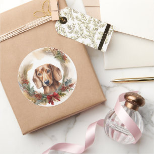 Adesivo Redondo Dachshund Christmas Wreath Festivo Pup