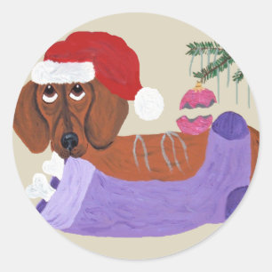 Adesivo Redondo Dachshund com meia do Natal