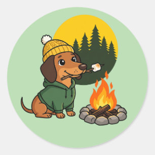 Adesivo Redondo Dachshund de Acampamento Tostando Marshmallow