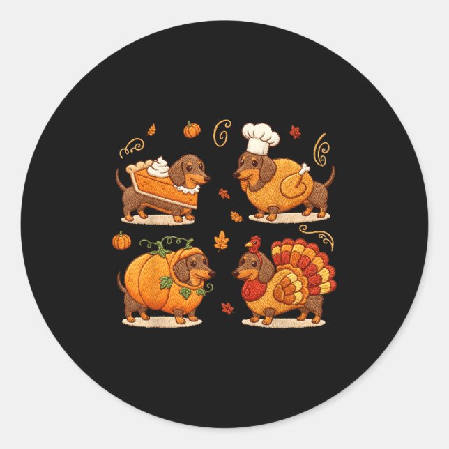 Adesivo Redondo Dachshund Dog Pumpkin E Turkey Thanksgiving Men Wo (Frente)