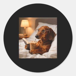 Adesivo Redondo Dachshund engraçado bebendo café gelado amante do